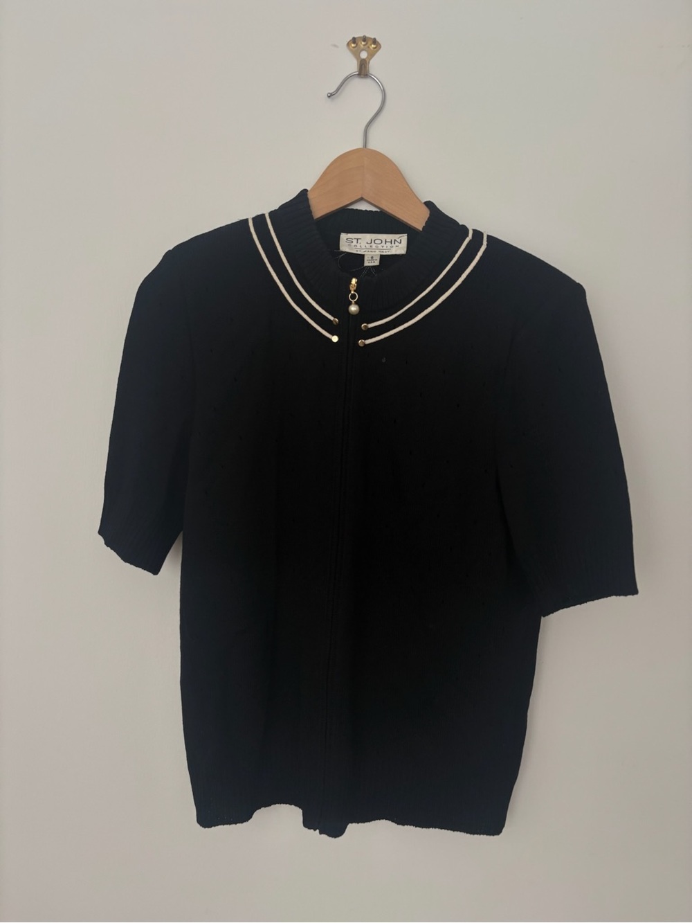St. John Collection Black Short Sleeve Knit Top with Ivory Trim & Gold Buttons